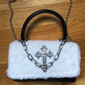 Gothic Lolita Victorian White Faux Fur & Black Croc Faux Leather Chain Purse Bag